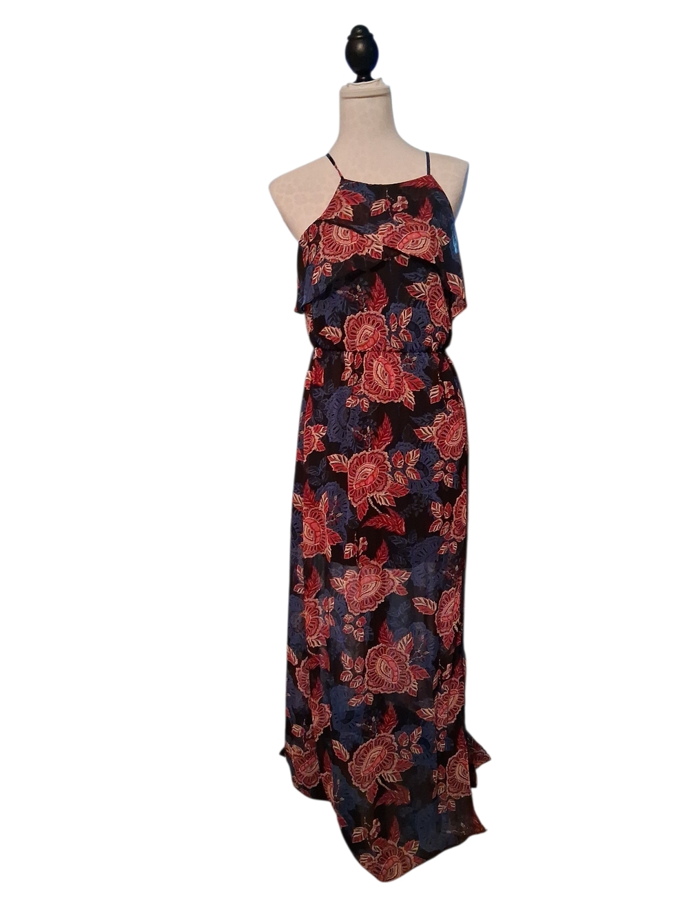 Iz Byer Navy Maxi Dress with Red Floral Print M